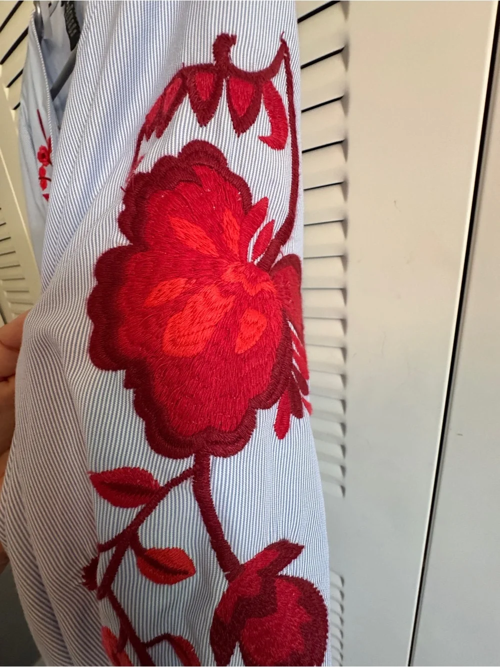 INC International Concepts Pale Blue Wrap Blouse with Red Floral Embroidery